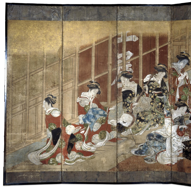 Ein japanisches Vier-Paneel-Bild aus der Meiji-Zeit, das eine Gruppe von Frauen in Kimonos zeigt, mit leuchtenden Farben und detaillierten Verzierungen, auf einem tiefblauen Hintergrund und den Frauen in einem Kreis stehend, wobei eine Frau in der Mitte die Arme ausstreckt.