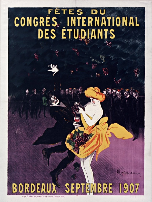 Plakat aus dem Jahr 1907, das eine Weinprobe in Bordeaux, Frankreich, ankündigt, mit einer Frau in gelbem Kleid, die ein Weinglas hält, umgeben von einer Menge, mit Text auf dem Plakat.