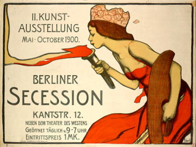 Ein Plakat aus dem Jahr 1900, das eine Berliner Secession ankündigt und eine Frau in einem roten Kleid zeigt, die ein Objekt hält und Text mit Veranstaltungseinzelheiten.