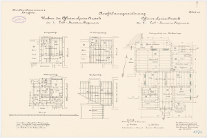 Schwarz-weißer Architekturentwurf des ehemaligen Kanzleramts, mit detaillierter Planung und Textanmerkungen.