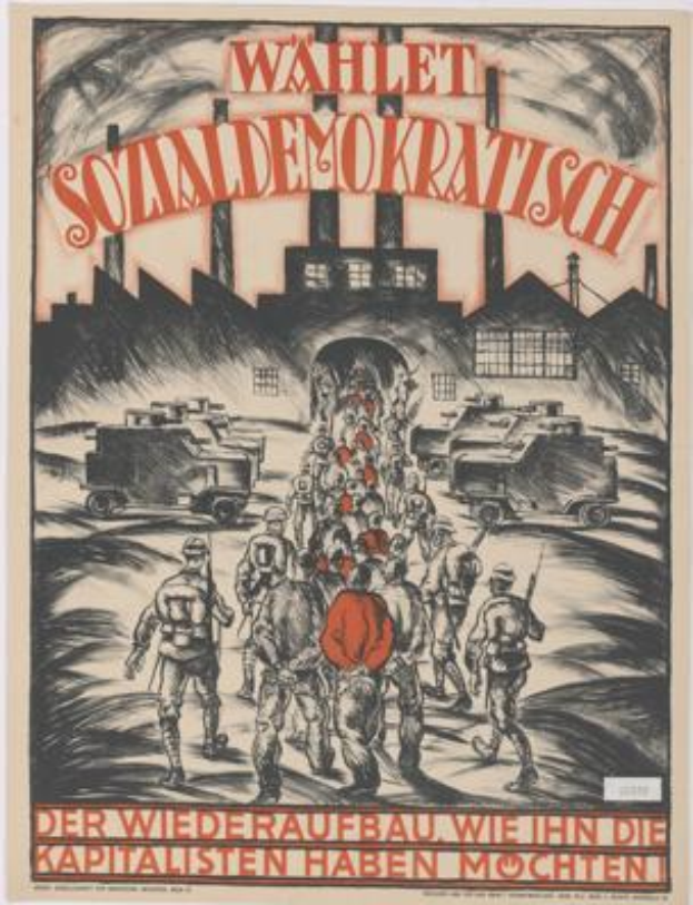 Ein deutsches Propagandaplakat der Nationalsozialistischen Deutschen Arbeiterpartei (NSDAP) für die Sowjetunion, das eine Gruppe von Menschen und Fahrzeugen im Vordergrund, ein Gebäude im Hintergrund und den Text 'Wahlt Sozialdemokratisch - der Wiederaufbau wie die Kapitalisten haben möchten' zeigt.