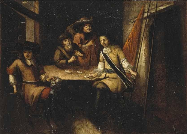 Gemälde mit dem Titel "Das Kartenspiel" von Rembrandt van Rijn, das eine Gruppe von Menschen zeigt, die an einem Tisch in einer Wirtschaft Karten spielen, mit Karten und anderen Gegenständen auf dem Tisch, einem Vorhang rechts und einem Fenster im Hintergrund.
