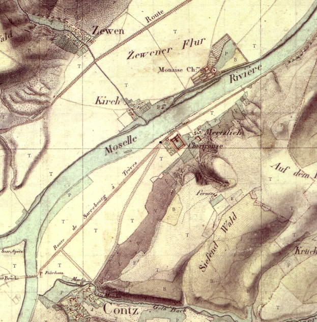 Eine detaillierte alte Karte von Mosel, Deutschland, die Straßen, Gebäude und einen gewundenen Fluss mit textuellen Informationen über die Stadtgröße, den Standort und die Geschichte zeigt.