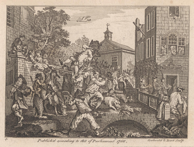 Eine Schwarzweiß-Radierung einer Gruppe von Menschen in einer Stadt mit Gebäuden, Bäumen und einem Himmel im Hintergrund, mit dem Text "Das Gesetz von 1706" unten.