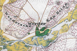 Ein detaillierter alter Stadtplan von Werder, Deutschland, mit Straßen, Gebäuden und Sehenswürdigkeiten, primarily in shades of blue, green, and yellow, with bold text indicating the town's location.