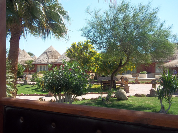 Ein Resort-Szenario mit Hütten, Grün, Felsen, einer Bank und Himmel.