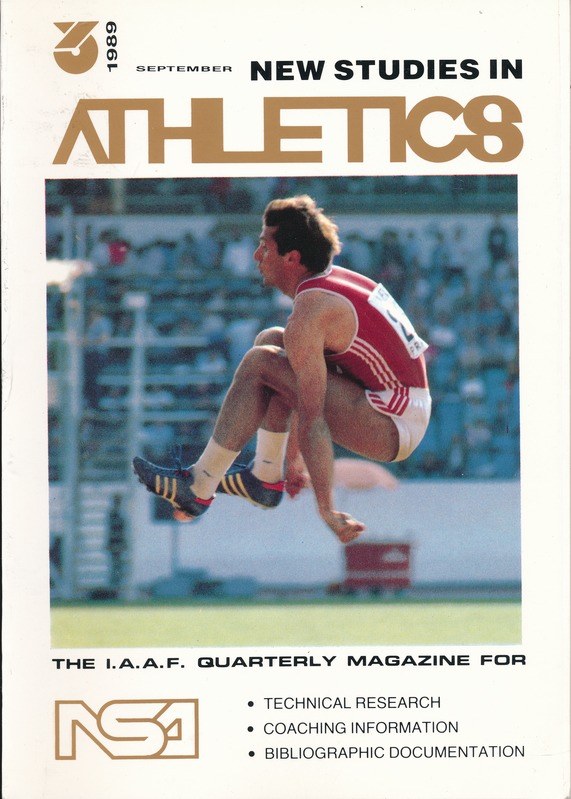 Titelbild eines Buches mit dem Titel "New Studies in Athletics September 1989", das eine Illustration eines Mannes zeigt, der in der Luft springt.