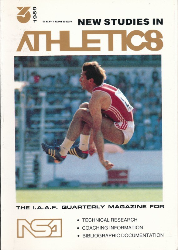 Titelbild eines Buches mit dem Titel "New Studies in Athletics September 1989", das eine Illustration eines Mannes zeigt, der in der Luft springt.
