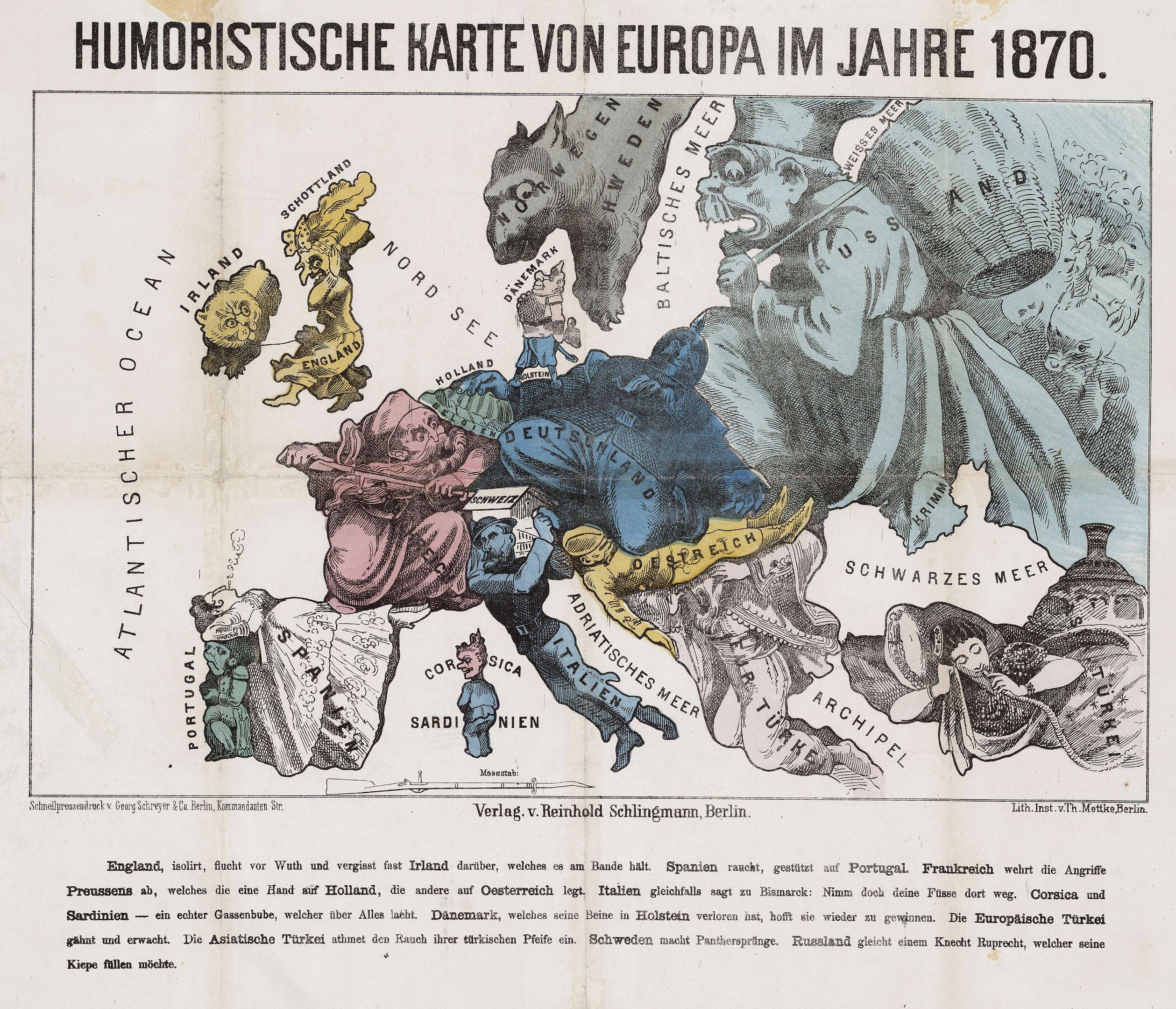 Plakat mit der Bezeichnung "Humoristische Karte von Europa im Jahre 1870" zeigt eine zentrale Europakarte umgeben von Cartoon-Illustrationen und Text.