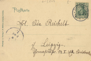 Alte Postkarte aus Deutschland mit einer Briefmarke, die eine Frau auf der rechten Seite und Text auf der linken Seite zeigt und an Leipzig adressiert ist.