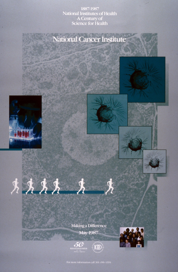 Buntes Plakat für das National Cancer Institute mit einem blauen Hintergrund und weißer Schrift, das einen Kreis aus überlappenden Bildern von lachenden Menschen verschiedenen Alters, Geschlechts und Ethnien um den fetten, großgeschriebenen Titel "National Cancer Institute" zeigt.