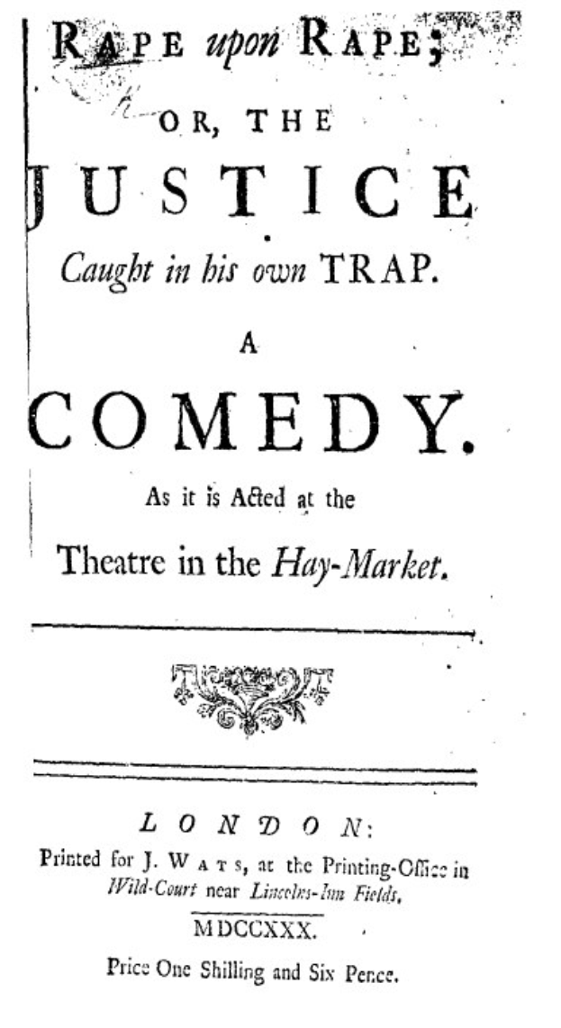 Schwarzes und weißes Plakat mit der Aufschrift "Vergewaltigung auf Vergewaltigung oder die Gerechtigkeit, die in ihrer eigenen Falle gefangen ist" in fetter schwarzer Schrift.