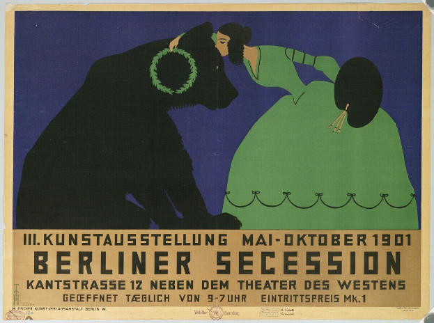 Ein Plakat für die Berliner Secession mit einer Frau in einem grünen Kleid und einem Mann in einem schwarzen Anzug, mit Text, der das Ereignis beschreibt.