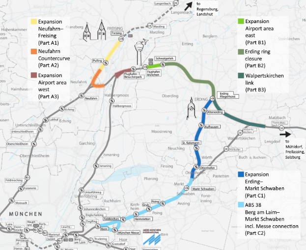 Eine detaillierte Karte einer Stadt mit einer hervorgehobenen Zugroute von München nach Frankfurt, die Haltestellen, die umliegende Gegend und Zugdetails zeigt.