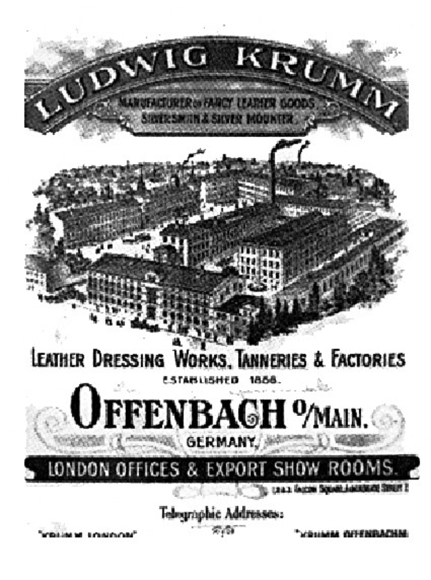 Ein Schwarz-Weiß-Bild eines Gebäudes mit dem Text "Ludwig Krumm Lederpflegewerke, Gerbereien & Fabriken, Offenbach, Deutschland" darauf.