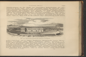 Ein aufgeschlagenes Buch auf einer flachen Oberfläche, das eine Zeichnung eines Stadions und begleitenden Text zeigt.