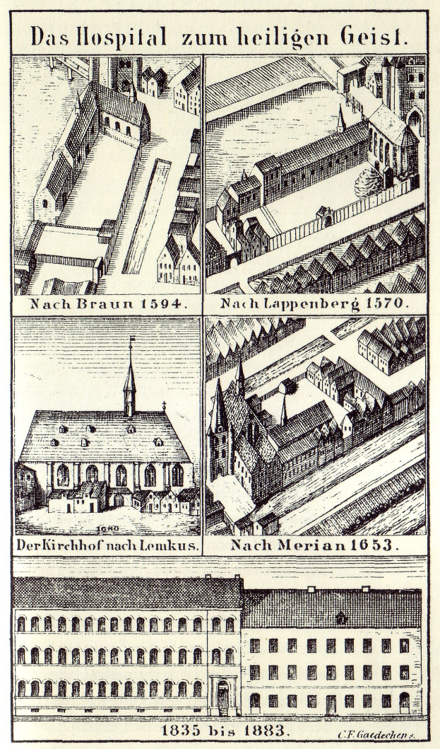 Eine detaillierte Plakatillustration eines deutschen Krankenhauses mit mehreren Gebäuden, Fenstern, Türen und Balkonen, begleitet von erklärendem Text über seine Größe, Lage und Merkmale.