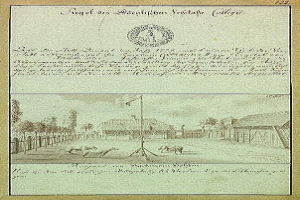 Ein verblichener Abdruck der ersten Fassung der deutschen Verfassung mit einer handgezeichneten Straßenszene, die eine Fahnenstange, Gebäude, Bäume und Himmel zeigt.