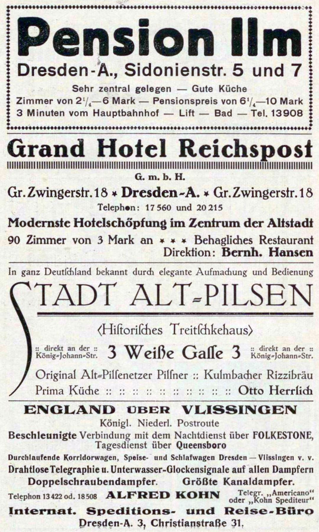 Schwarz-weiß-Anzeige für eine Rentenpension in Dresden, Deutschland, mit Text auf weißem Hintergrund.