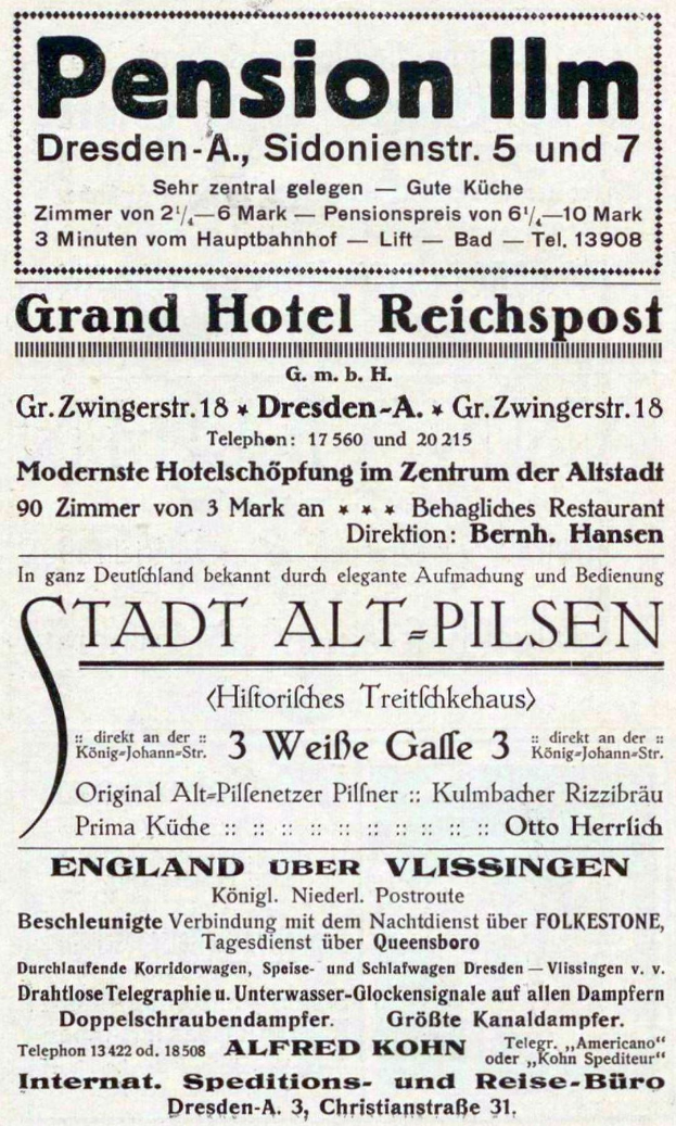 Schwarz-weiß-Anzeige für eine Rentenpension in Dresden, Deutschland, mit Text auf weißem Hintergrund.