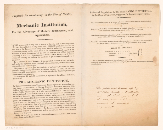 Offenes Buch mit dem Titel "Mechanische Anstalt, zum Vortheil der Meister, Gesellen und Lehrlinge", wahrscheinlich ein Vorschlag zur Gründung einer mechanischen Anstalt.