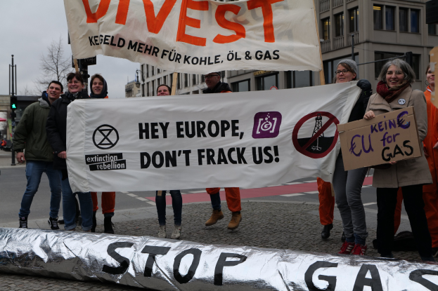 Eine Gruppe von Menschen steht auf der Straße und hält ein Schild mit der Aufschrift "Stoppt Gas" im Protest gegen die Europäische Union, mit Gebäuden, Bäumen, Polen, Verkehrszeichen und einem klaren blauen Himmel im Hintergrund.