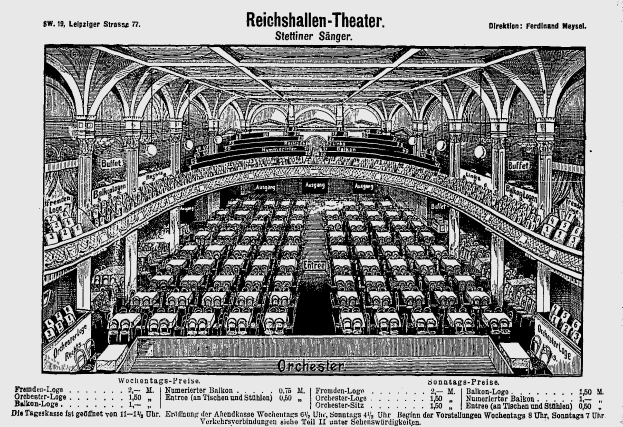 Schwarze und weiße Zeichnung des Reichshallen Theaters in Berlin, die das Auditorium mit Sitzreihen, Säulen und einer Decke zeigt, mit Text am unteren Rand.