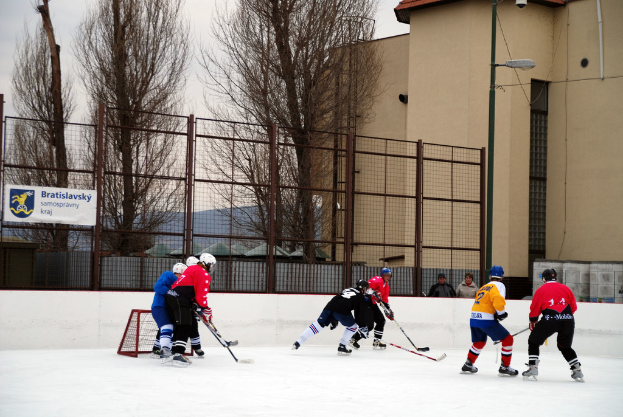 Menschen, die auf einem Eisplatz Hockey spielen, mit Geb√§uden, B√§umen, einer Stra√Ÿenlaterne, einer Namensplakette und Z√§unen im Hintergrund unter dem Himmel.