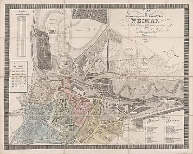 Detailierte alte Karte von Weimar, Deutschland, mit Straßen, Gebäuden und Sehenswürdigkeiten sowie begleitendem Text über die Bevölkerungszahl und Merkmale der Stadt.