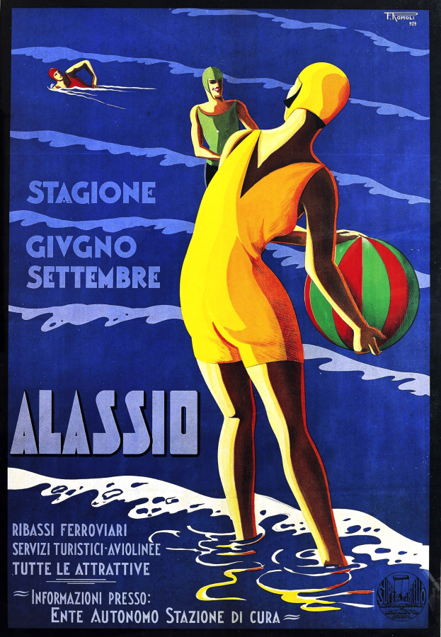 Plakat für ein Schwimmereignis in Italien, das eine Person zeigt, die einen Ball im Wasser hält, mit zwei weiteren Personen im Hintergrund und Text.