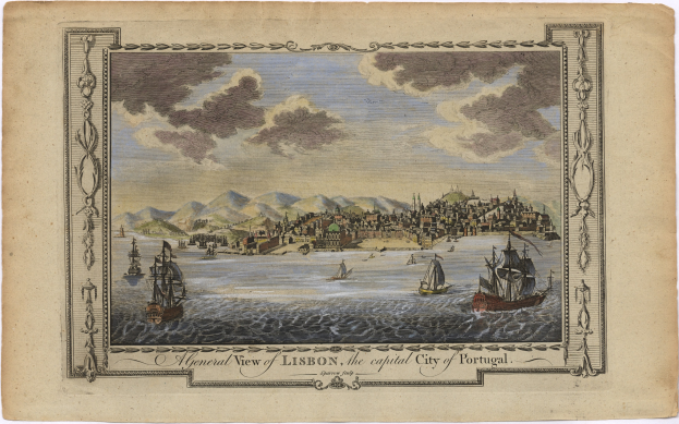 Blick auf Lissabon, Portugal, mit Booten auf dem Wasser, Gebäuden auf Hügeln und einem bewölkten Himmel, mit Text unten.