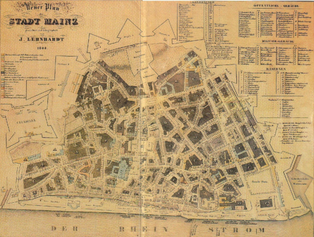 Detailierte alte Karte der Stadt Mainz, Deutschland, zeigt Straßen, Gebäude und Sehenswürdigkeiten auf vergilbten Papier.