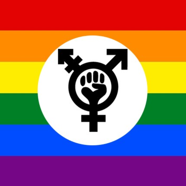 Eine Regenbogenflagge mit männlichen und weiblichen Symbolen in der Mitte, die die LGBTQ+-Vielfalt symbolisiert.