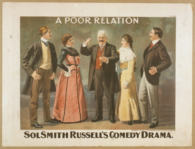 Plakat für "Sol Smith Russells Comedy-Drama: Eine schlechte Beziehung" mit einer bunten Gruppe von lässig gekleideten Menschen vor einem hellblauen Hintergrund.