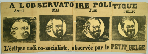 Ein Plakat mit Bildern von Menschen und Text auf Französisch, das ein politisches Ereignis namens 'a l'observatoire politique - l'éclipse radio co-socialiste, observe par le petit belge' ankündigt.