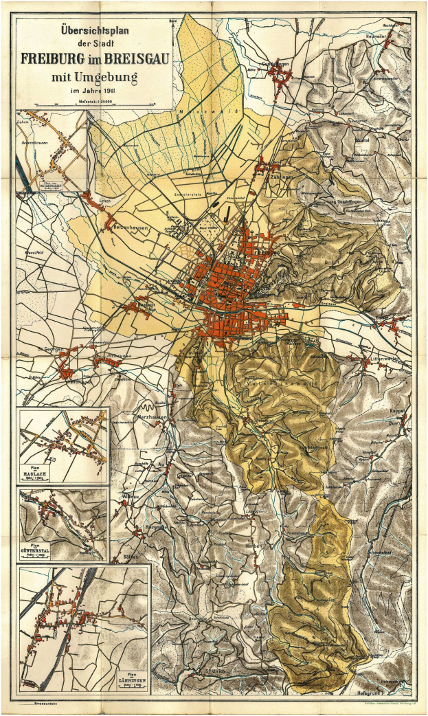 Alte detaillierte Karte von Freiburg, Deutschland, mit Straßen, Gebäuden und Sehenswürdigkeiten, umgeben von Text oben und unten.