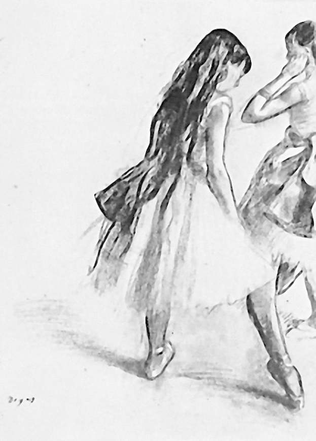 Zwei Balletttänzerinnen in Schwarz-Weiß tanzen anmutig auf einem Boden in einem Kunstwerk.