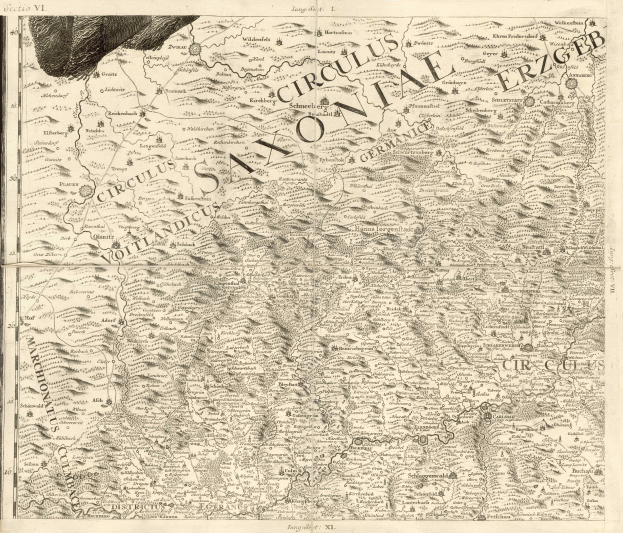 Detailiertes altes Sachsen-Karte von Deutschland, das geografische Merkmale wie Flüsse, Berge und Städte mit begleitendem Text anzeigt.