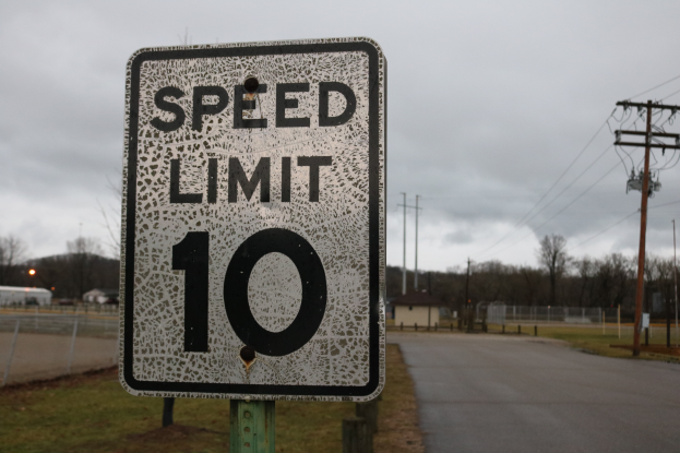 Ein Tempolimitschild am Straßenrand, umgeben von Gras, Strommasten mit Kabeln, einem Zaun, Häusern, Bäumen und einem bewölkten Himmel im Hintergrund.
