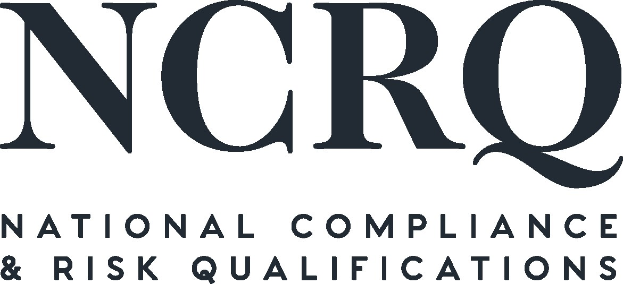 Weißer Hintergrund mit zentrierter fetter schwarzer Schrift "National Compliance & Risk Qualifications" innerhalb eines dünnen schwarzen Randes in einer modernen professionellen Schriftart.