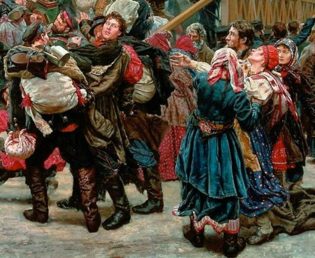 Gemälde, das eine Gruppe von Menschen in traditioneller russischer Kleidung tanzt, einige halten Gegenstände, vor einem Publikum mit einem hölzernen Haus im Hintergrund, das eine lebendige Szene aus der russischen Revolution darstellt.