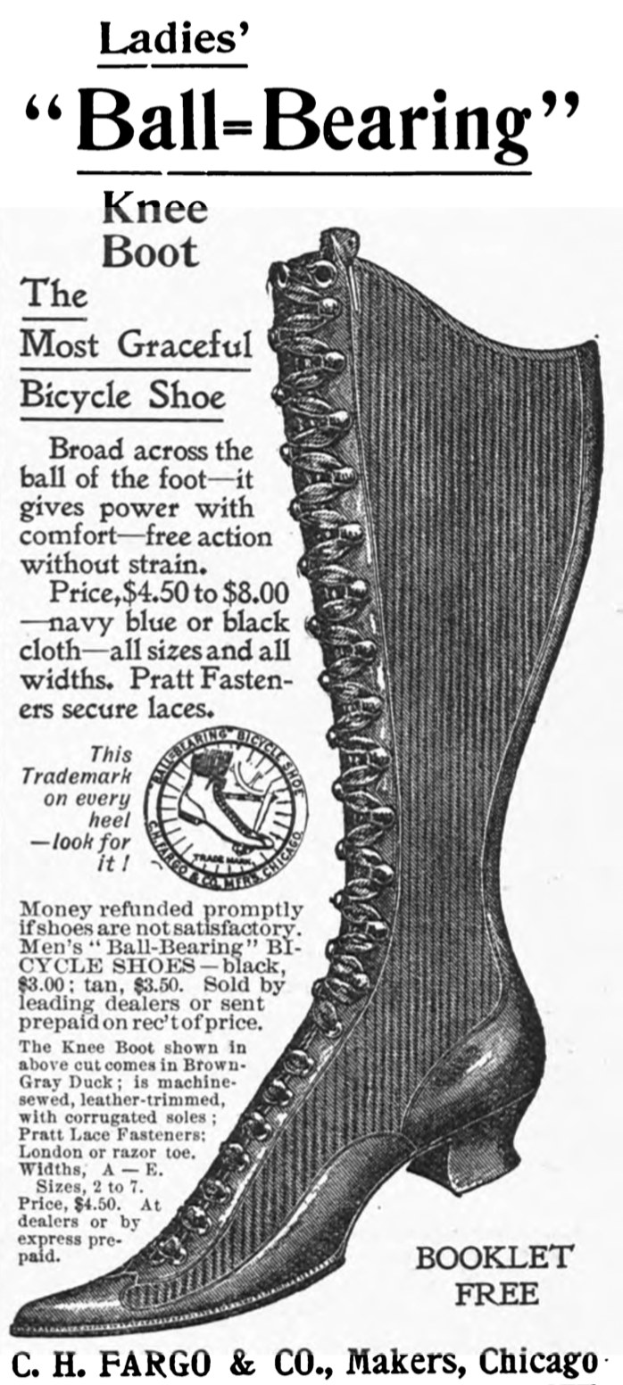 Werbung für ein Paar Damen-Knie-Stiefel mit Kugellager mit dem Stiefel in der Mitte und Text drumherum.