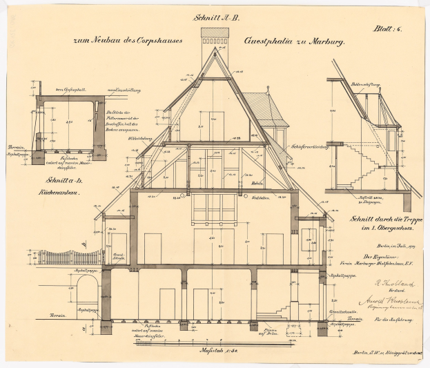 Schwarze-weißer Architekturentwurf eines Hauses mit zahlreichen Fenstern und einem Dach, beschriftet als erstes Haus in Deutschland, begleitet von detaillierten Plänen und Text.
