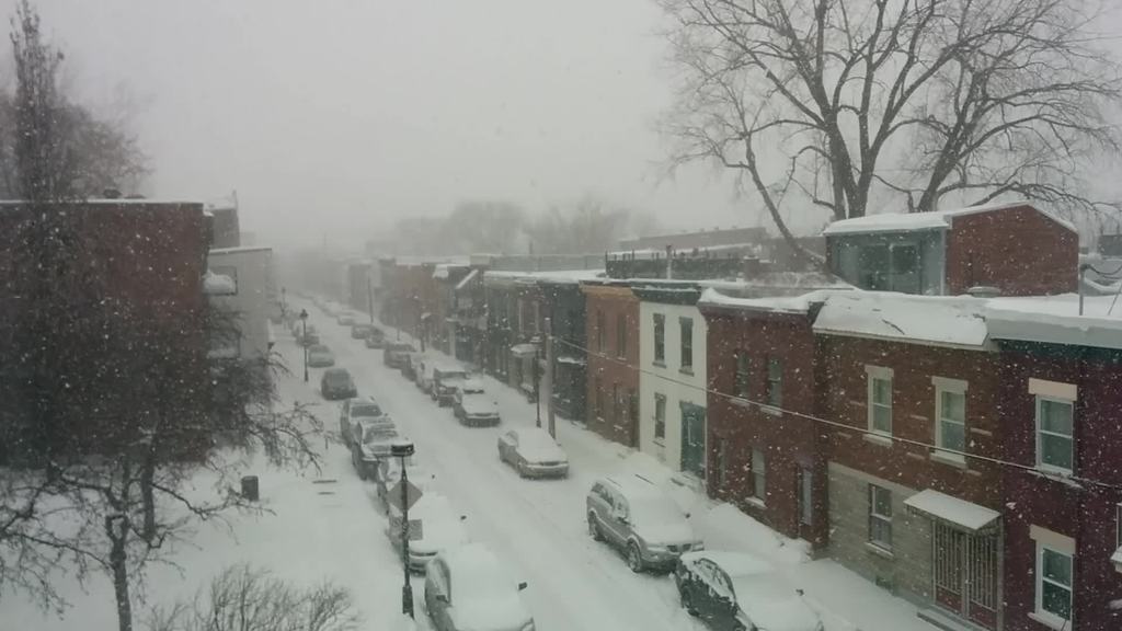 Eine schneebedeckte Stra├če mit Autos und Geb├Ąuden ├╝berall, mit B├Ąumen im Hintergrund.