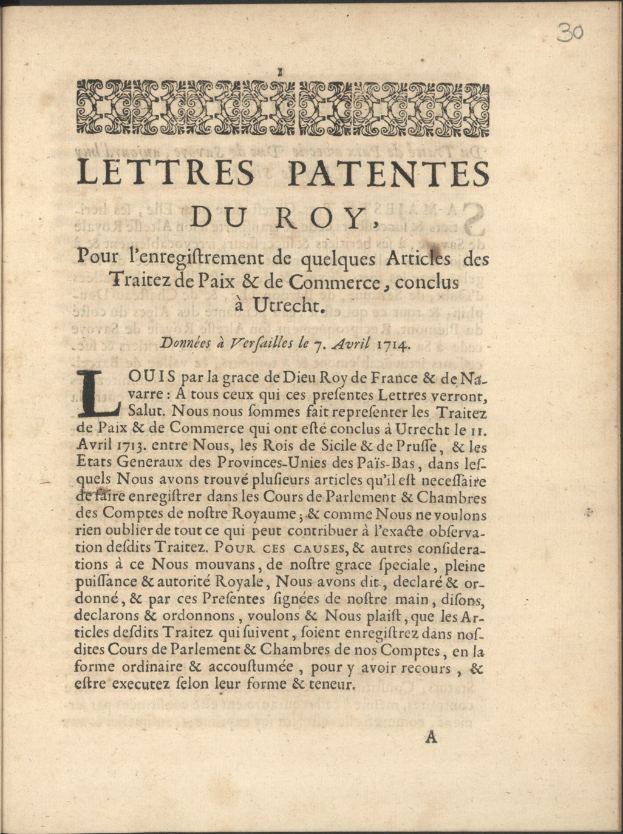 Offenes Buch mit dem Titel "Letters Patentes du Roy" in fetter Schrift und einem komplexen Design auf der sichtbaren Seite.