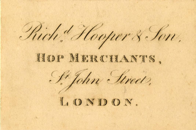 Alte Visitenkarte für "Rich, Hooper & Son, Hop Merchants" auf St John Street, London.