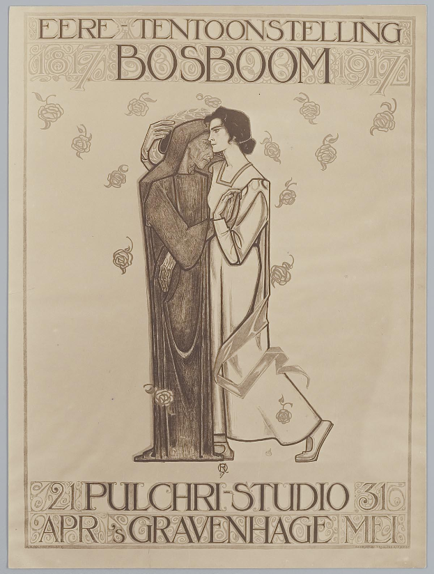 Ein Konzertplakat, das einen Mann in einem Anzug und eine Frau in einer Schürze zeigt, die Seite an Seite mit ernsten Gesichtern stehen, begleitet von Text, der das Ereignis beschreibt.