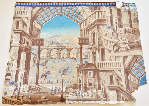 Mosaikbild einer belebten Stadtlandschaft mit Menschen, Geb├Ąuden, Stra├čenlaternen, Laternen, Wagen, Passanten, einer Brücke, Hügeln und einem bew├Âlktem Himmel.