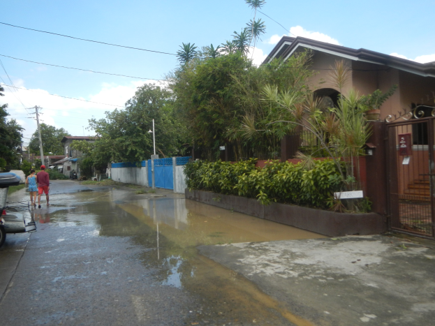 Eine Überschwemmte Straße mit einem geparkten Motorrad, Menschen, die gehen, Gebäude, Bäume, Pflanzen, Masten, Drähte und ein Tor im Hintergrund unter einem bewölktem Himmel, mit einem Wasserzeichen auf dem Bild.