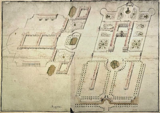 Ein detaillierter Architekturplan aus dem 16. Jahrhundert für ein Schloss, der zahlreiche Räume, Wände, Fenster, Wege und eine Beschreibung des Layouts, der Größe, des Standorts und der Merkmale zeigt.